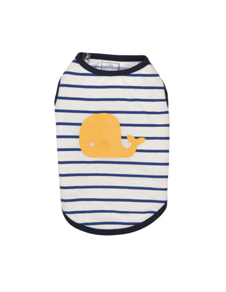 Tee-shirt pour chien "Océan", tee-shirt blanc à rayures bleues avec une baleine jaune de Bobby.